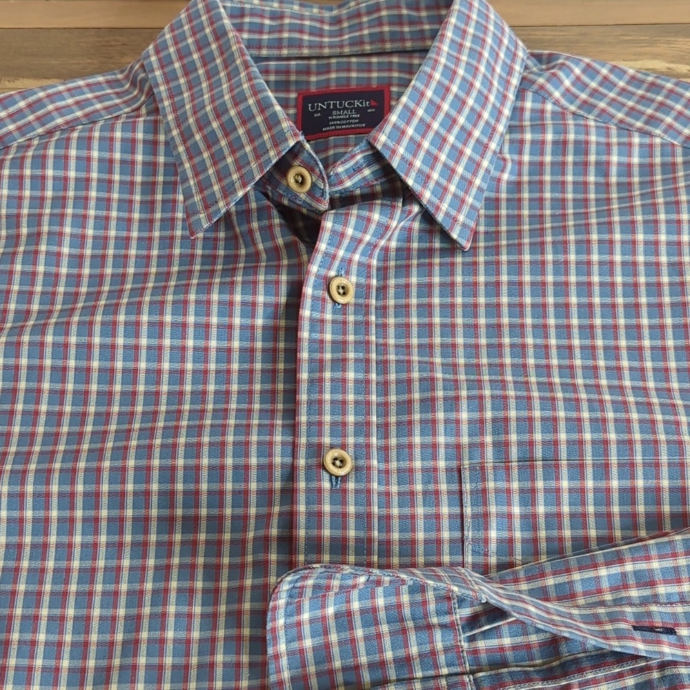 Untuckit Blue Red Check  Wrinkle-Free Long Sleeve Fabiano Shirt Small - Picture 6 of 14